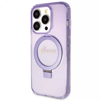 Guess GUHMP14XHRSGSU iPhone 14 Pro Max 6,7 inch Violetinis kietas dėklas su žiediniu stoveliu Script Glitter MagSafe