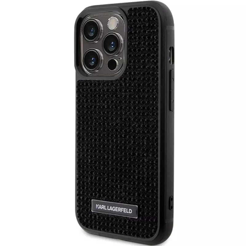 Karl Lagerfeld KLHCP15LHDSPLK Kietas dėklas, skirtas iPhone 15 Pro 6,1 colio, juodas, su cirkonio logotipu ir metaline plokštele