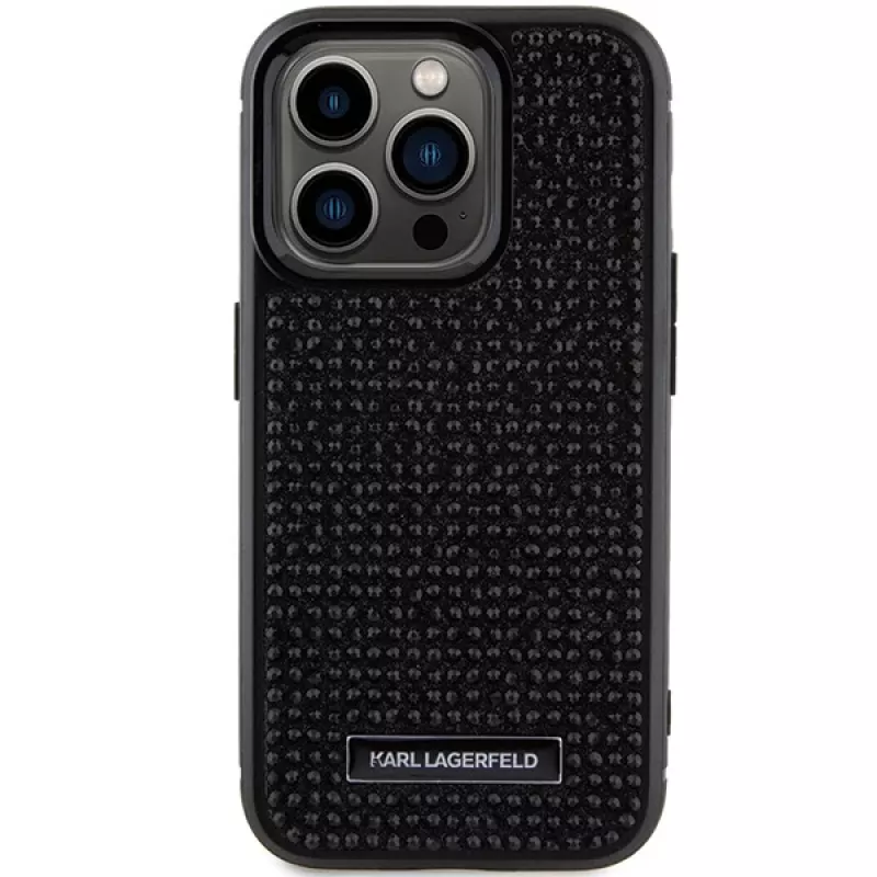 Karl Lagerfeld KLHCP15LHDSPLK Kietas dėklas, skirtas iPhone 15 Pro 6,1 colio, juodas, su cirkonio logotipu ir metaline plokštele
