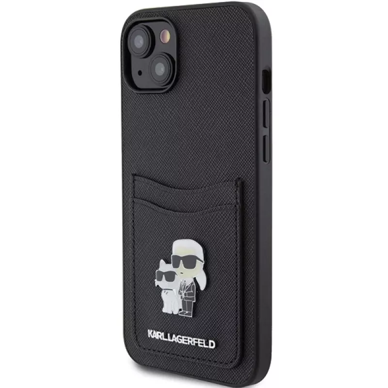 Karl Lagerfeld KLHCP15SSAPKCNPK iPhone 15 / 14 / 13 6.1 Black Hardcase Saffiano Cardslot Karl & Choupette Metal Pin