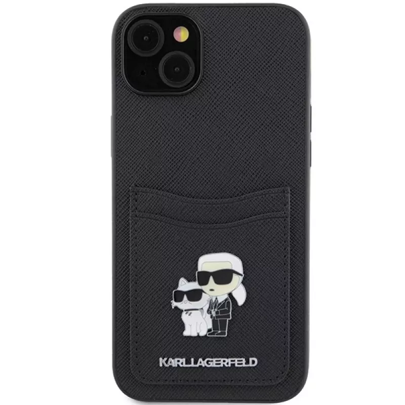 Karl Lagerfeld KLHCP15SSAPKCNPK iPhone 15 / 14 / 13 6.1 Black Hardcase Saffiano Cardslot Karl & Choupette Metal Pin