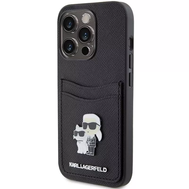 Karl Lagerfeld KLHCP15LSAPKCNPK iPhone 15 Pro 6.1 Black Hardcase Saffiano Cardslot Karl & Choupette Metal Pin