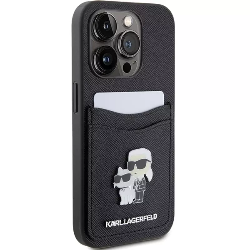 Karl Lagerfeld KLHCP15LSAPKCNPK iPhone 15 Pro 6.1 Black Hardcase Saffiano Cardslot Karl & Choupette Metal Pin
