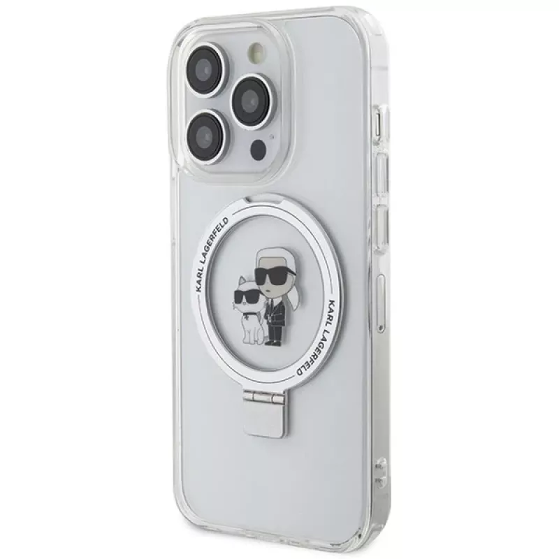 Karl Lagerfeld KLHMP13XHMRSKCH Hardcase Ring Stand, skirta iPhone 13 Pro Max 6.7, balta, Karl & Choupette MagSafe