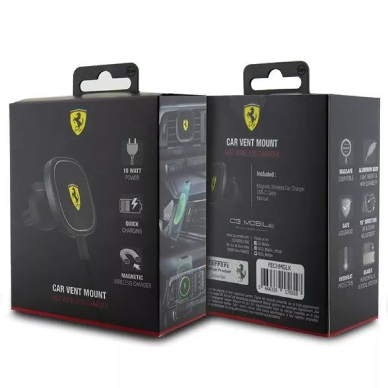 Ferrari 15W belaidis indukcinis automobilinis laikiklis FECHMGLK su įkrovimu, ventiliacijos grotelėms, juodas, MagSafe