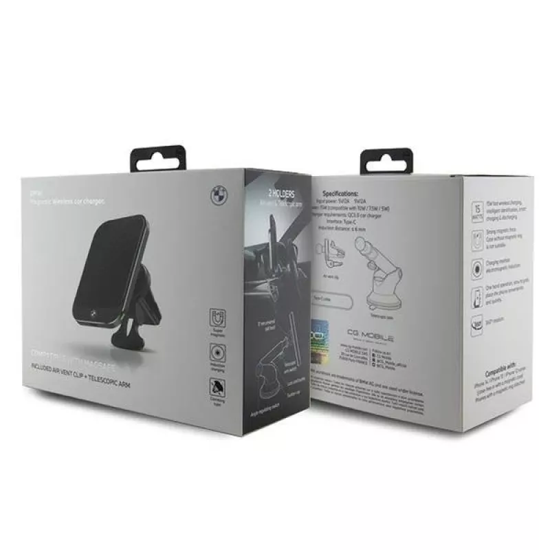BMW belaidis automobilinis įkroviklis BMMWCCDTPK 15W Priekinis stiklas/Oro ventiliacija Juoda MagSafe Signature Edition