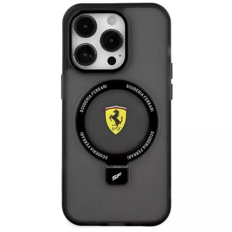 Ferrari FEHMP15SUSCAK iPhone 15 / 14 / 13 6,1 inch Juodas Kietas Dėklas su Žiediniu Stovu 2023 Kolekcija MagSafe