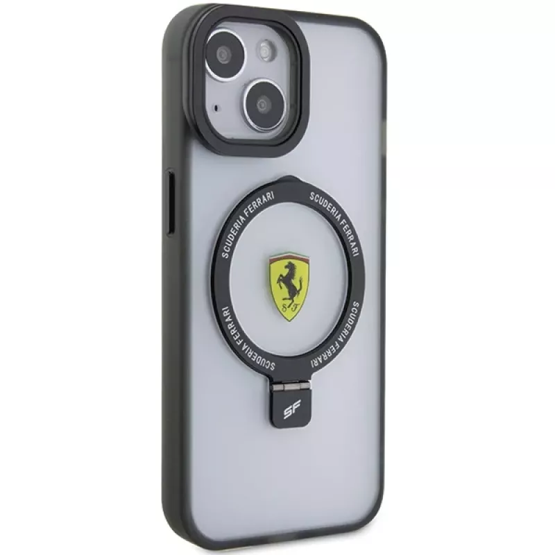 Ferrari FEHMP15SUSCAK iPhone 15 / 14 / 13 6,1 inch Juodas Kietas Dėklas su Žiediniu Stovu 2023 Kolekcija MagSafe