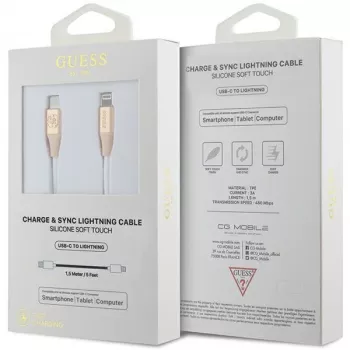 Guess GUCLLALRGDD USB-C į Lightning laidas 1,5 m greitas įkrovimas šviesiai auksinis su įspaustu logotipu