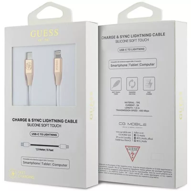 Guess GUCLLALRGDD USB-C į Lightning laidas 1,5 m greitas įkrovimas šviesiai auksinis su įspaustu logotipu