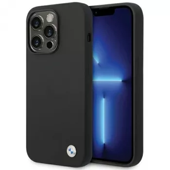 BMW BMHCP15XSILBK Silikoninis dėklas, skirtas iPhone 15 Pro Max 6,7 inch juodas su metaliniu logotipu
