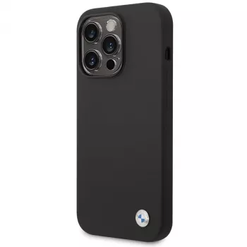 BMW BMHCP15XSILBK Silikoninis dėklas, skirtas iPhone 15 Pro Max 6,7 inch juodas su metaliniu logotipu