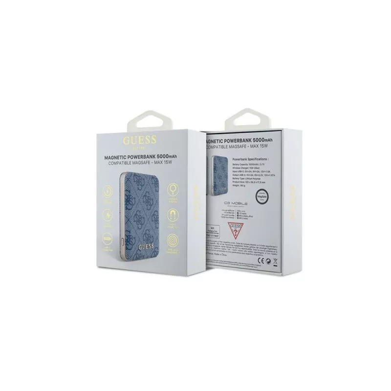 Guess Wireless Power Bank 5000mAh Blue 4G Leather Metal Logo MagSafe 15W