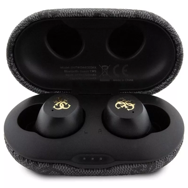 Guess 4G Metal Logo Bluetooth TWS ENC Ausinės su Įkrovimo Dėklu (Juodos)