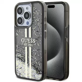 Guess GUHCP15LLFCSEGK iPhone 15 Pro 6.1 Hard Case Liquid Glitter Gold Stripes Black