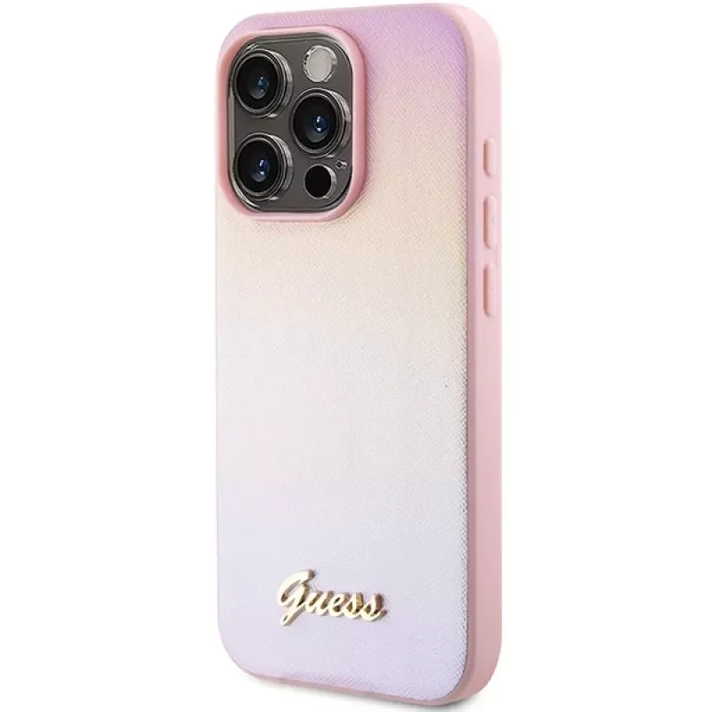 Guess Saffiano Iridescent Script Hardcase, skirta Apple iPhone 14 Pro 6,1 inch - Rožinė