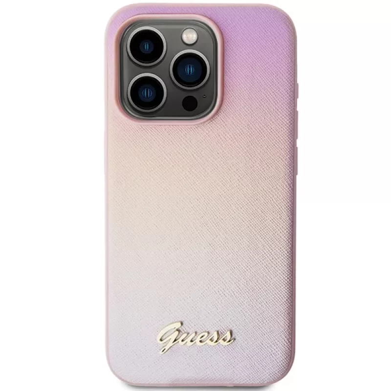 Guess Saffiano Iridescent Script Hardcase, skirta Apple iPhone 14 Pro 6,1 inch - Rožinė
