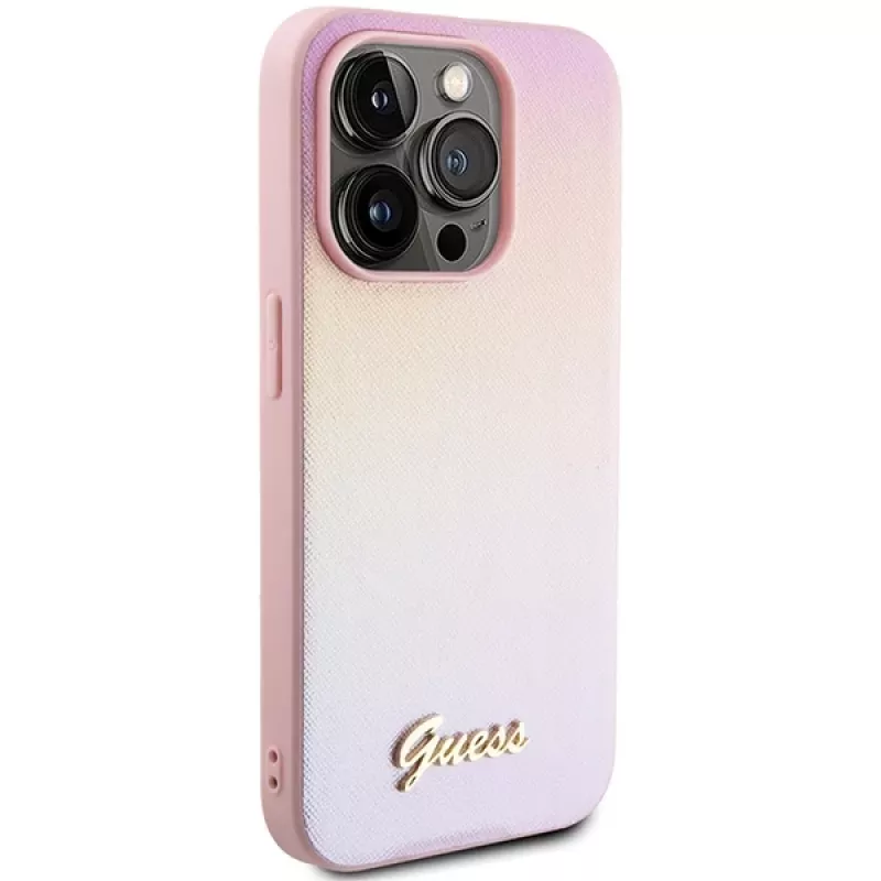 Guess Saffiano Iridescent Script Hardcase, skirta Apple iPhone 14 Pro 6,1 inch - Rožinė