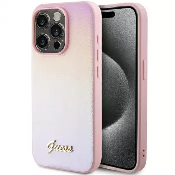 Guess Saffiano Iridescent Script Hard Case for Apple iPhone 15 Pro 6,1 inch - Pink