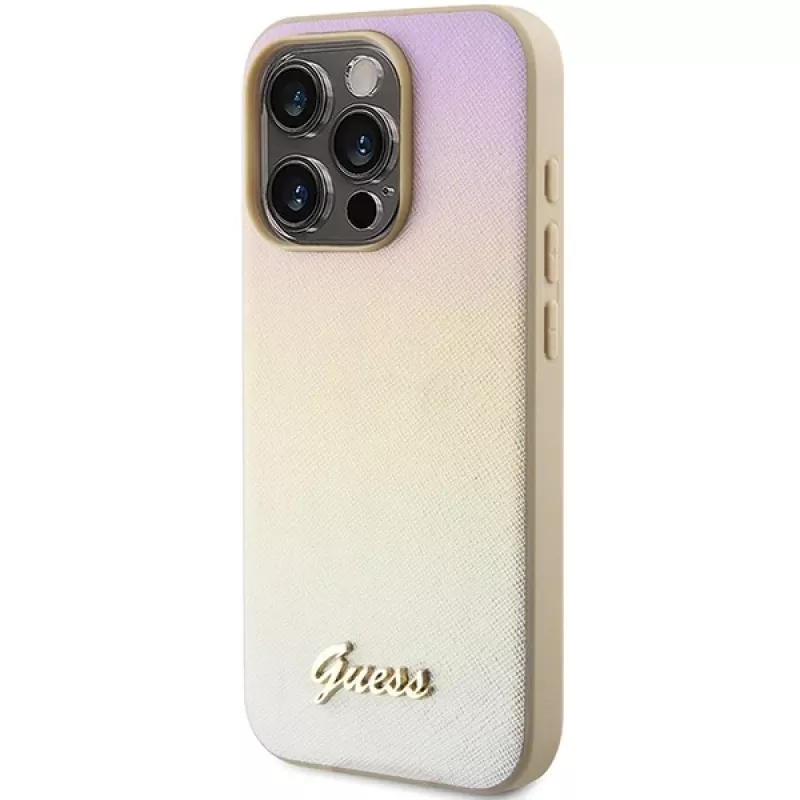 Guess GUHCP14XPSAIRSD Saffiano Iridescent Script Hard Case, skirta Apple iPhone 14 Pro Max 6,7 colio - Auksinė