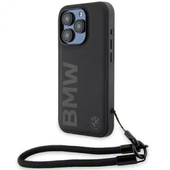 BMW Signature Leather Wordmark Cord Hard Case, skirta iPhone 15 Pro 6.1, juoda