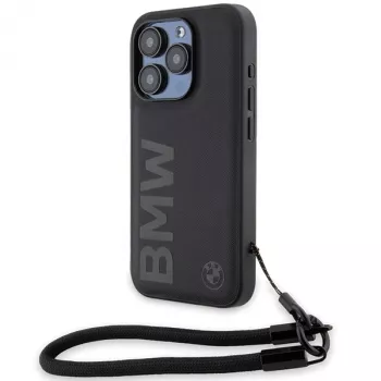 BMW Signature Leather Hard Case iPhone 15 Pro Max 6,7 inch Juodas su virvute