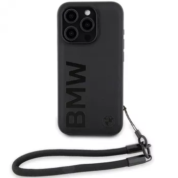 BMW Signature Leather Hard Case iPhone 15 Pro Max 6,7 inch Juodas su virvute