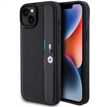 BMW M Collection Hardcase for iPhone 15 Plus / 14 Plus 6,7 inch Black Perforated Tricolor Line