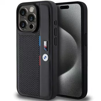BMW Perforated Tricolor Line Hard Case, tinkantis Apple iPhone 15 Pro 6.1, juoda