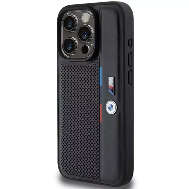 BMW Perforated Tricolor Line Hard Case, tinkantis Apple iPhone 15 Pro 6.1, juoda