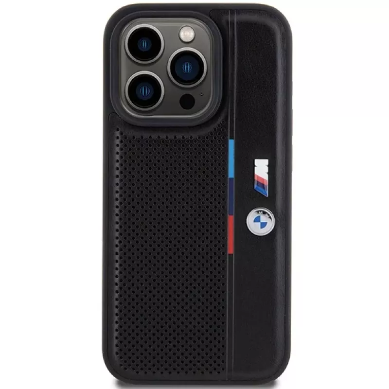 BMW Perforated Tricolor Line Hard Case, tinkantis Apple iPhone 15 Pro 6.1, juoda