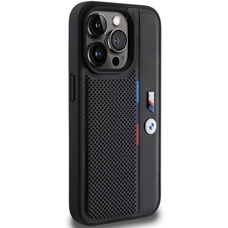 BMW Perforated Tricolor Line Hard Case, tinkantis Apple iPhone 15 Pro 6.1, juoda