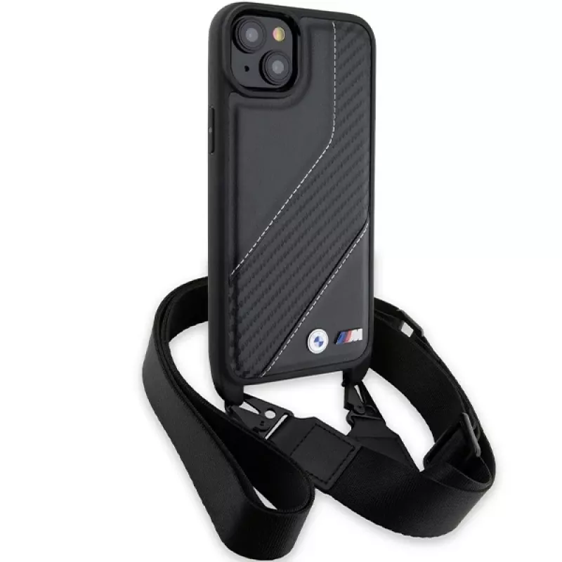 BMW M Edition Carbon Stripe & Strap Hard Case, skirta iPhone 15 Plus / 14 Plus 6,7 inch, juoda