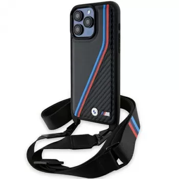 BMW M Edition Carbon Tricolor Lines Hard Case, skirta Apple iPhone 15 Pro 6,1 inch juoda su dirželiu