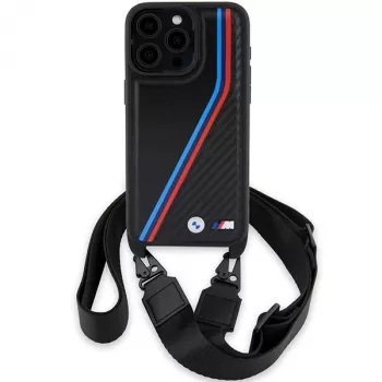 BMW M Edition Carbon Tricolor Lines Hard Case su dirželiu, skirtas Apple iPhone 15 Pro Max 6,7 inch juodas