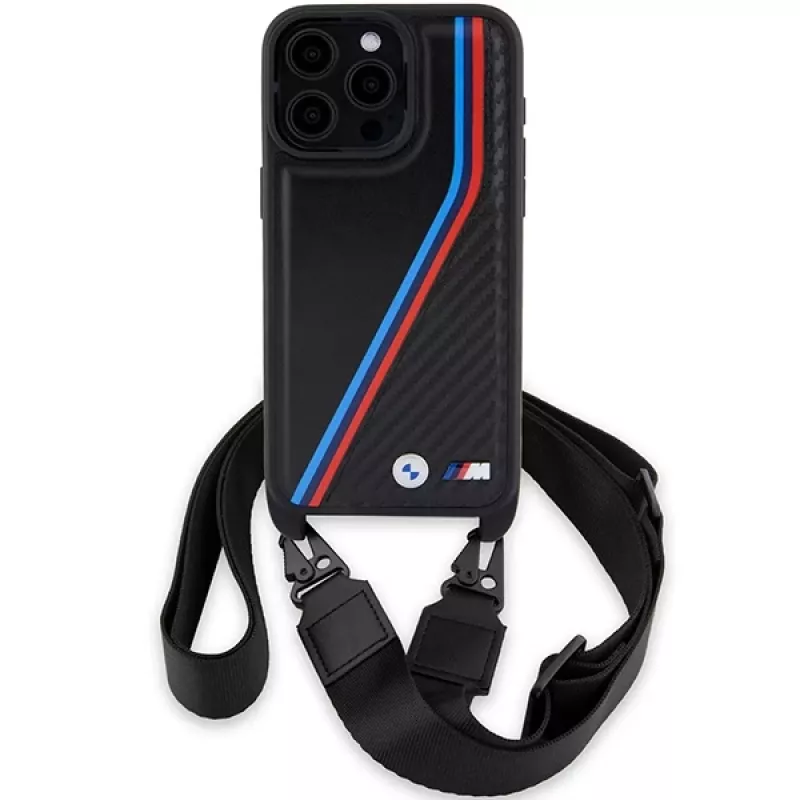 BMW M Edition Carbon Tricolor Lines Hard Case su dirželiu, skirtas Apple iPhone 15 Pro Max 6,7 inch juodas