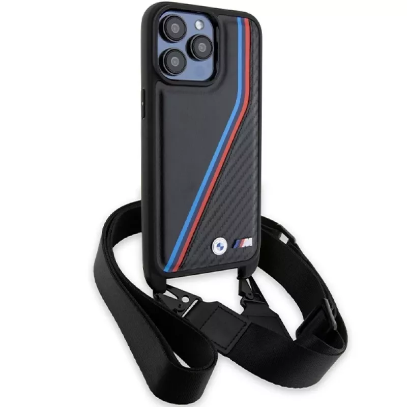 BMW M Edition Carbon Tricolor Lines Hard Case su dirželiu, skirtas Apple iPhone 15 Pro Max 6,7 inch juodas