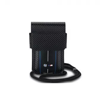 BMW Signature Collection Wallet Bag, skirta iPhone 15 Pro Max – juoda su anglies pluošto raštu ir mėlynomis juostelėmis