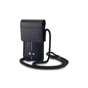 BMW Signature Collection Wallet Bag, skirta iPhone 15 Pro Max – juoda su anglies pluošto raštu ir mėlynomis juostelėmis