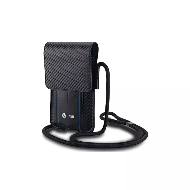 BMW Signature Collection Wallet Bag, skirta iPhone 15 Pro Max – juoda su anglies pluošto raštu ir mėlynomis juostelėmis