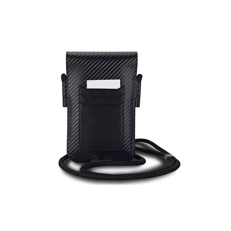 BMW Signature Collection Wallet Bag, skirta iPhone 15 Pro Max – juoda su anglies pluošto raštu ir mėlynomis juostelėmis