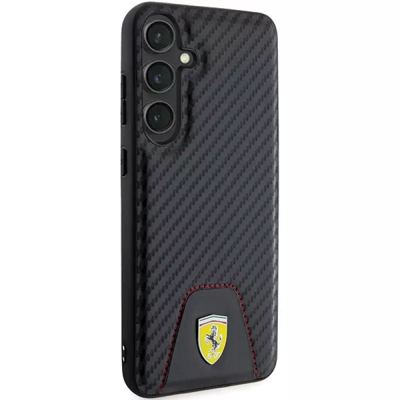 Ferrari FEHCS24MN3PUK Kietas Dėklas Samsung Galaxy S24+ (SM-S926) - Anglies Pluošto Raštas, Susiūtas Dugnas - Juoda