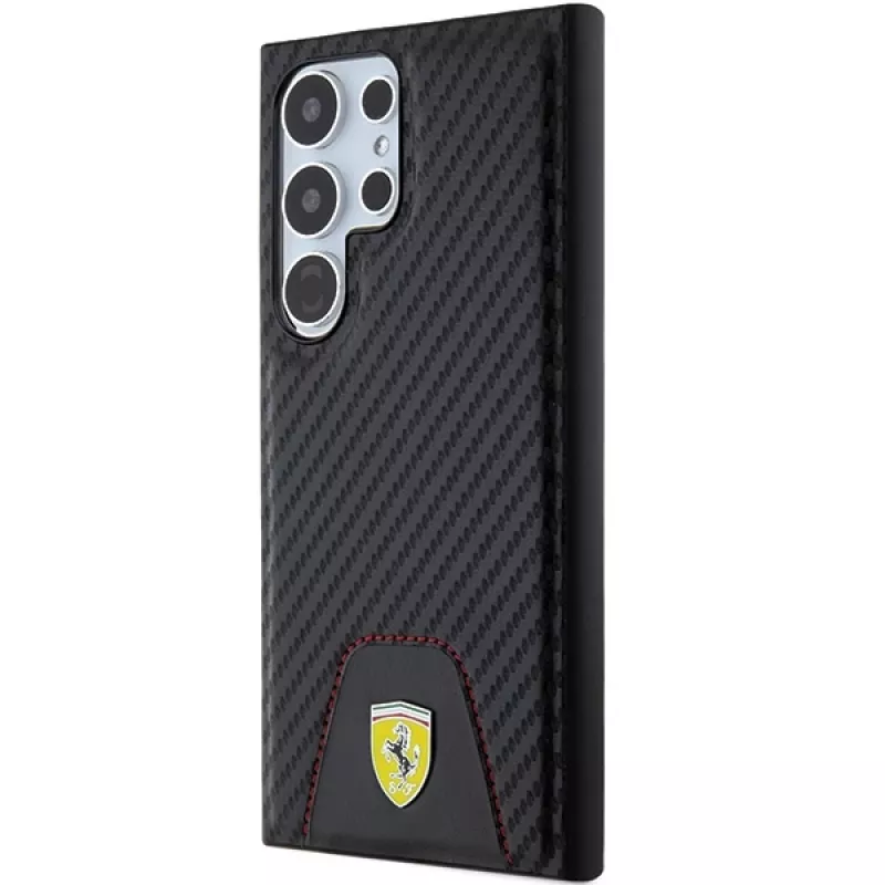 Ferrari FEHCS24LN3PUK Kietas Dėklas Samsung Galaxy S24 Ultra, Anglies Pluošto Apačia su Siūlėmis, Juodas
