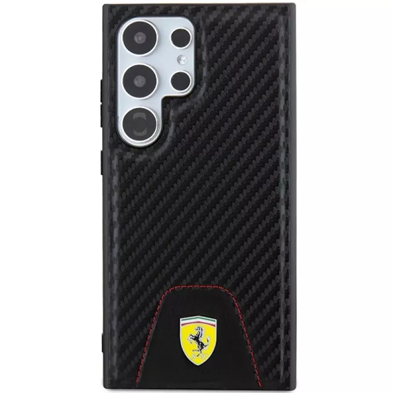 Ferrari FEHCS24LN3PUK Kietas Dėklas Samsung Galaxy S24 Ultra, Anglies Pluošto Apačia su Siūlėmis, Juodas