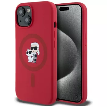 KARL LAGERFELD Silikoninis dėklas iPhone 15 su MagSafe ir laikikliu-žiedu - Karl & Choupette Galvos - Raudonas