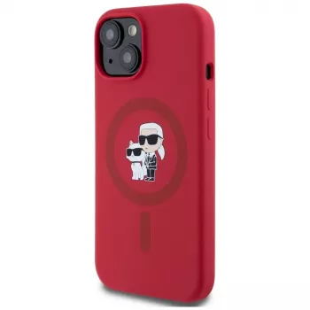 KARL LAGERFELD Silikoninis dėklas iPhone 15 su MagSafe ir laikikliu-žiedu - Karl & Choupette Galvos - Raudonas
