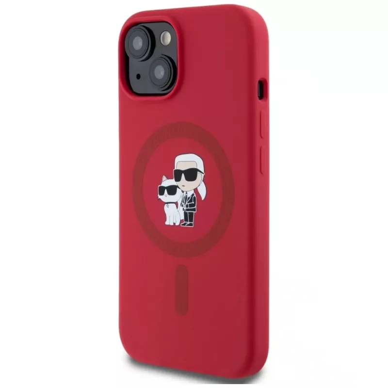 KARL LAGERFELD Silikoninis dėklas iPhone 15 su MagSafe ir laikikliu-žiedu - Karl & Choupette Galvos - Raudonas