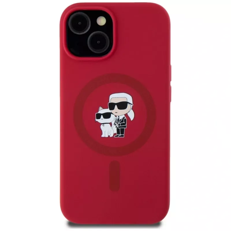 KARL LAGERFELD Silikoninis dėklas iPhone 15 su MagSafe ir laikikliu-žiedu - Karl & Choupette Galvos - Raudonas