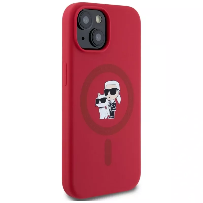 KARL LAGERFELD Silikoninis dėklas iPhone 15 su MagSafe ir laikikliu-žiedu - Karl & Choupette Galvos - Raudonas