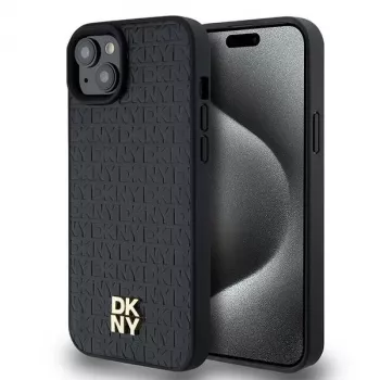 DKNY DKHMP15SPSHRPSK Dėklas iPhone 15/14/13 6,1 colio juodas su odos raštu ir metaliniu logotipu, MagSafe